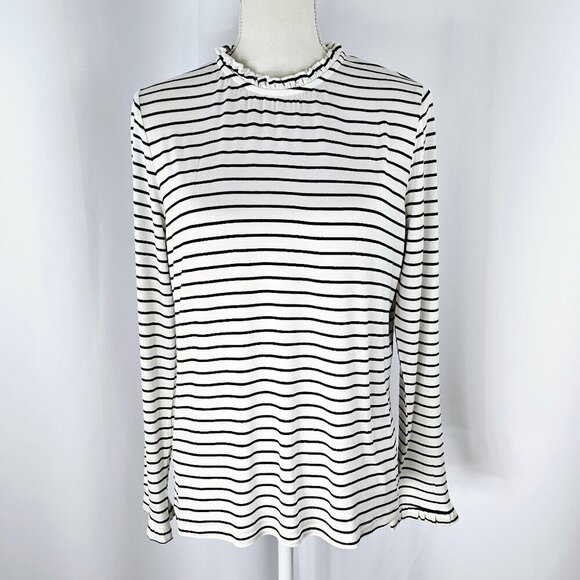 Kaileigh Women's Black & White Striped Ruffle Trim Long Sleeve Top Size L NWOT - Picture 1 of 15